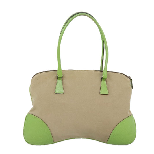 Luxury Prada Hand Bag Canvas Beige Green Silver 92186
