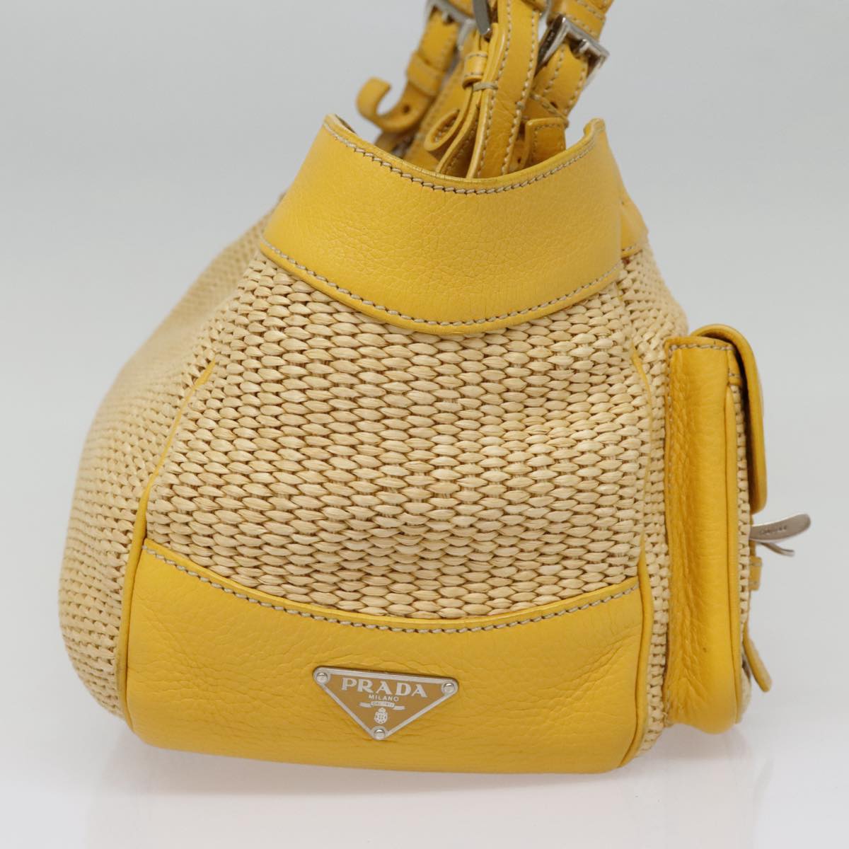 Luxury Prada Tote Bag Straw Beige Yellow Silver 92434