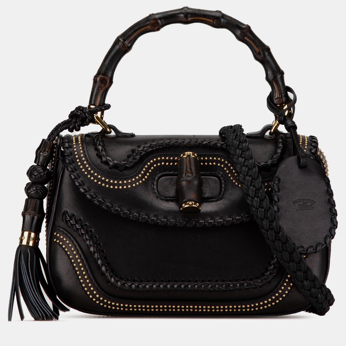 Luxury Gucci Trending 2025 Black Leather Medium Studded New Bamboo Tassel Satchel Bag
