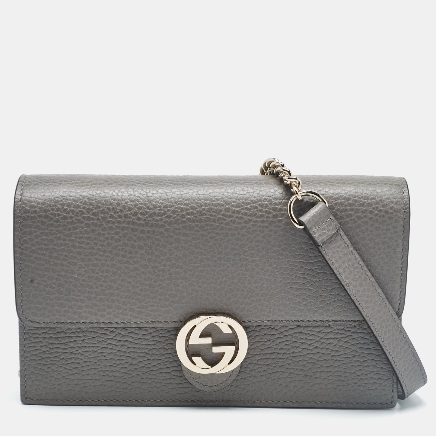 Luxury Gucci Trending 2025 Grey Leather Leather Interlocking G Wallet On Chain