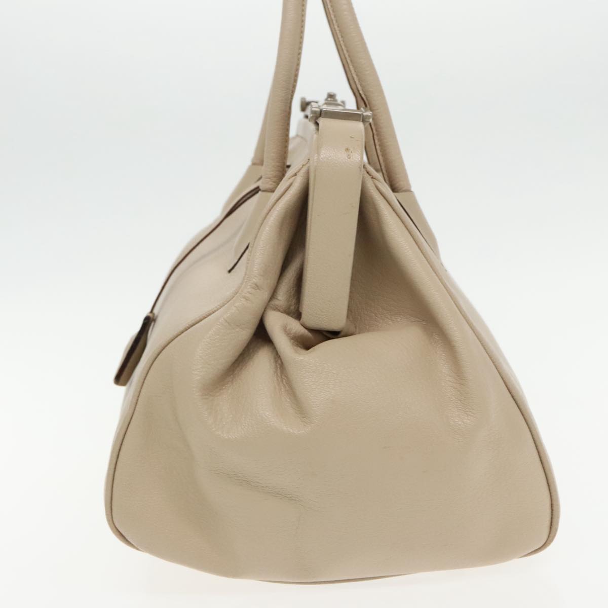 Luxury Prada Hand Bag Leather Beige Silver 94401