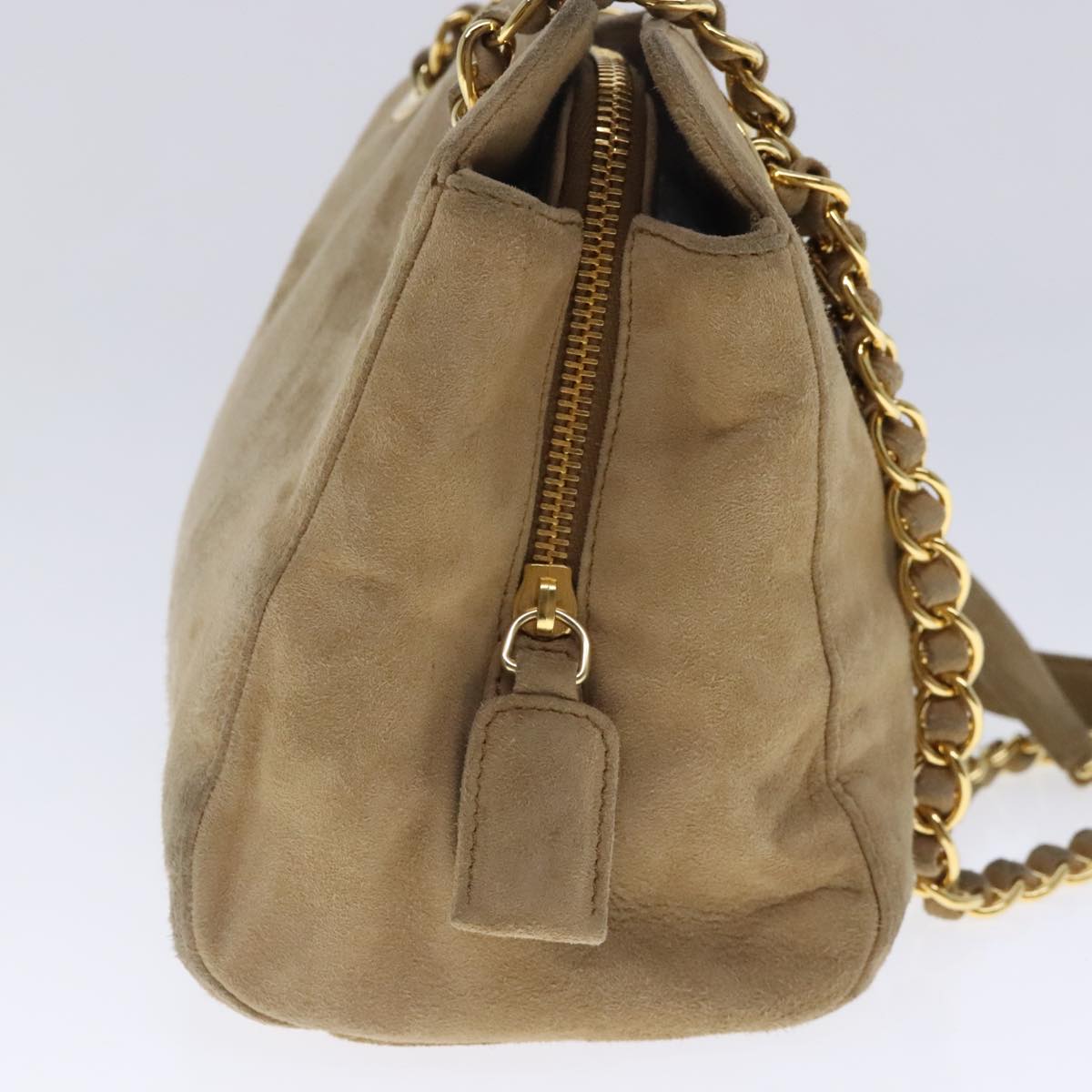 Luxury Prada Chain Shoulder Bag Suede Beige Gold 94408