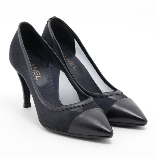 Chanel Coco Mesh x Leather Pumps 35 Black x Navy Lift