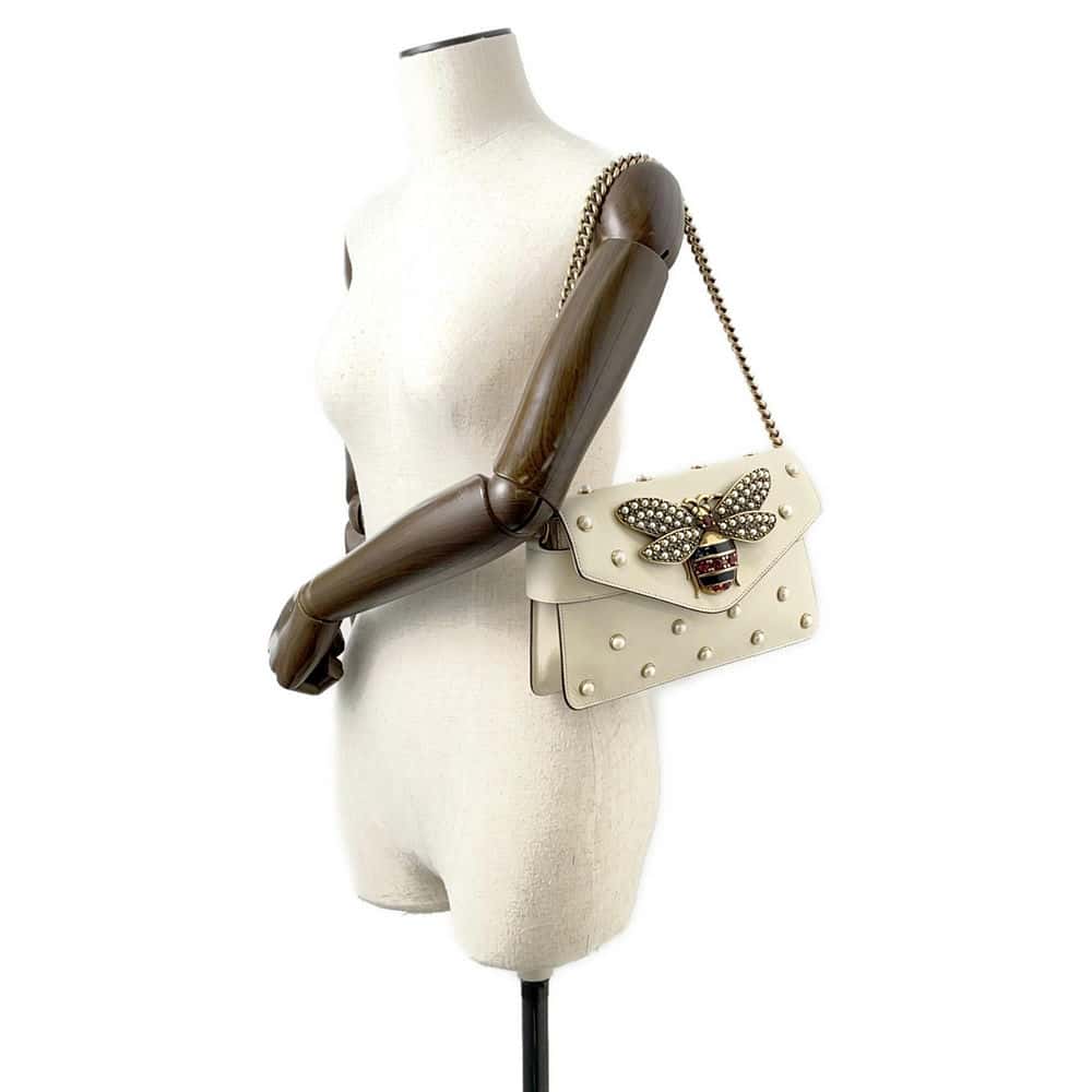 Luxury Gucci Trending 2025 Broadway ChainShoulder Bag White 453778 Leather Faux Pearl Rhinestone