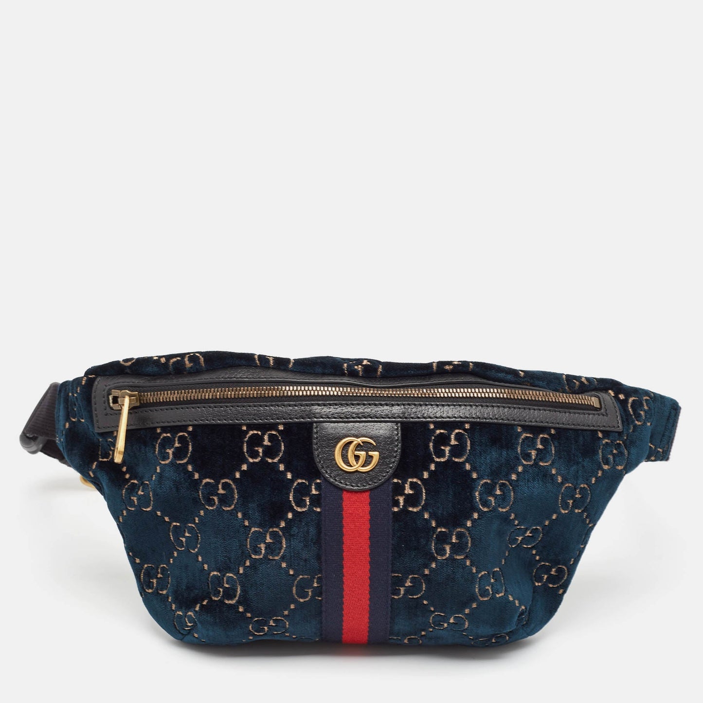 Luxury Gucci Trending 2025 Blue GG Velvet and Leather Web Belt Bag