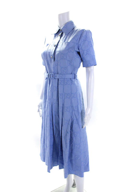 Gucci Womens Short Sleeves Button Down Pleated A Line Dress Blue