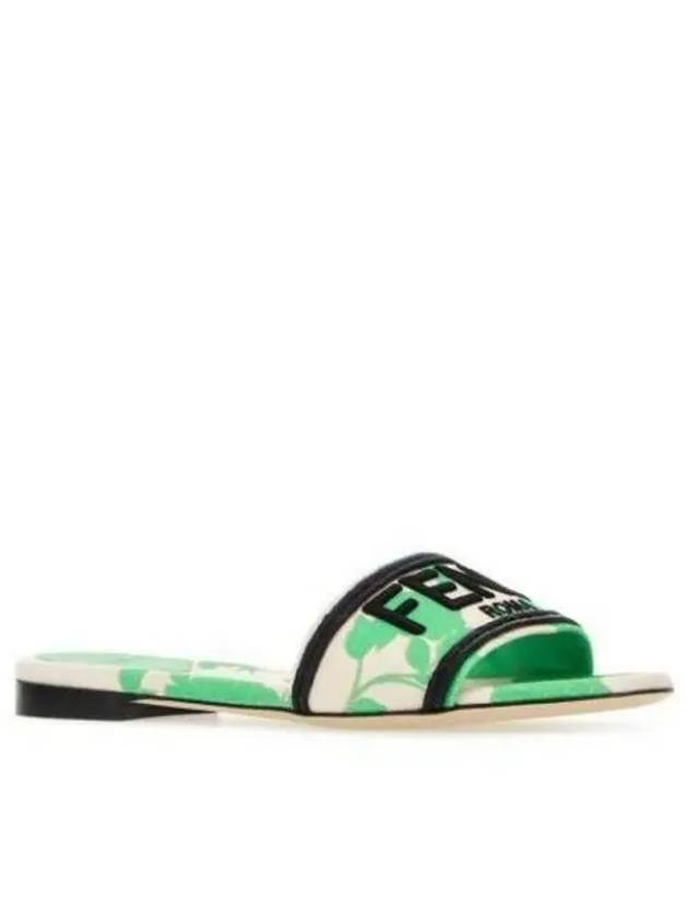 Luxury Fendi Rose Print Embroidered Logo Canvas Slide Slippers Green