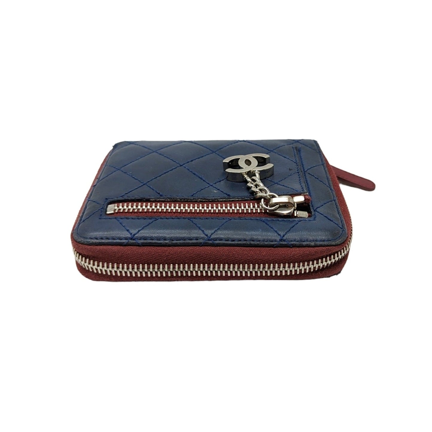 Luxury Chanel bag Blue Bicolor Quilted Maroon Trim Compact Zip Around Wallet