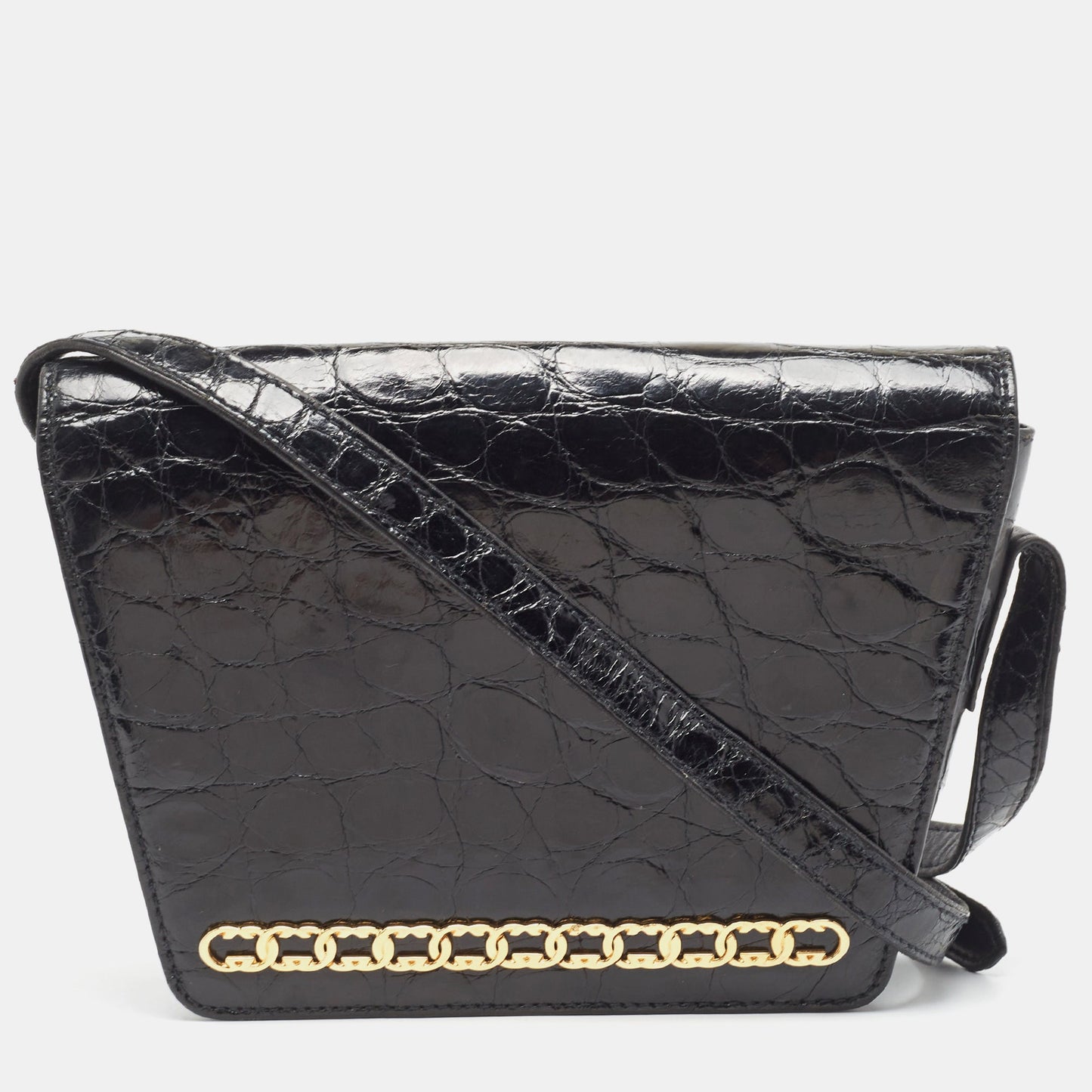 Luxury Gucci Trending 2025 Black Crocodile Leather Interlocking GG Flap Crossbody Bag