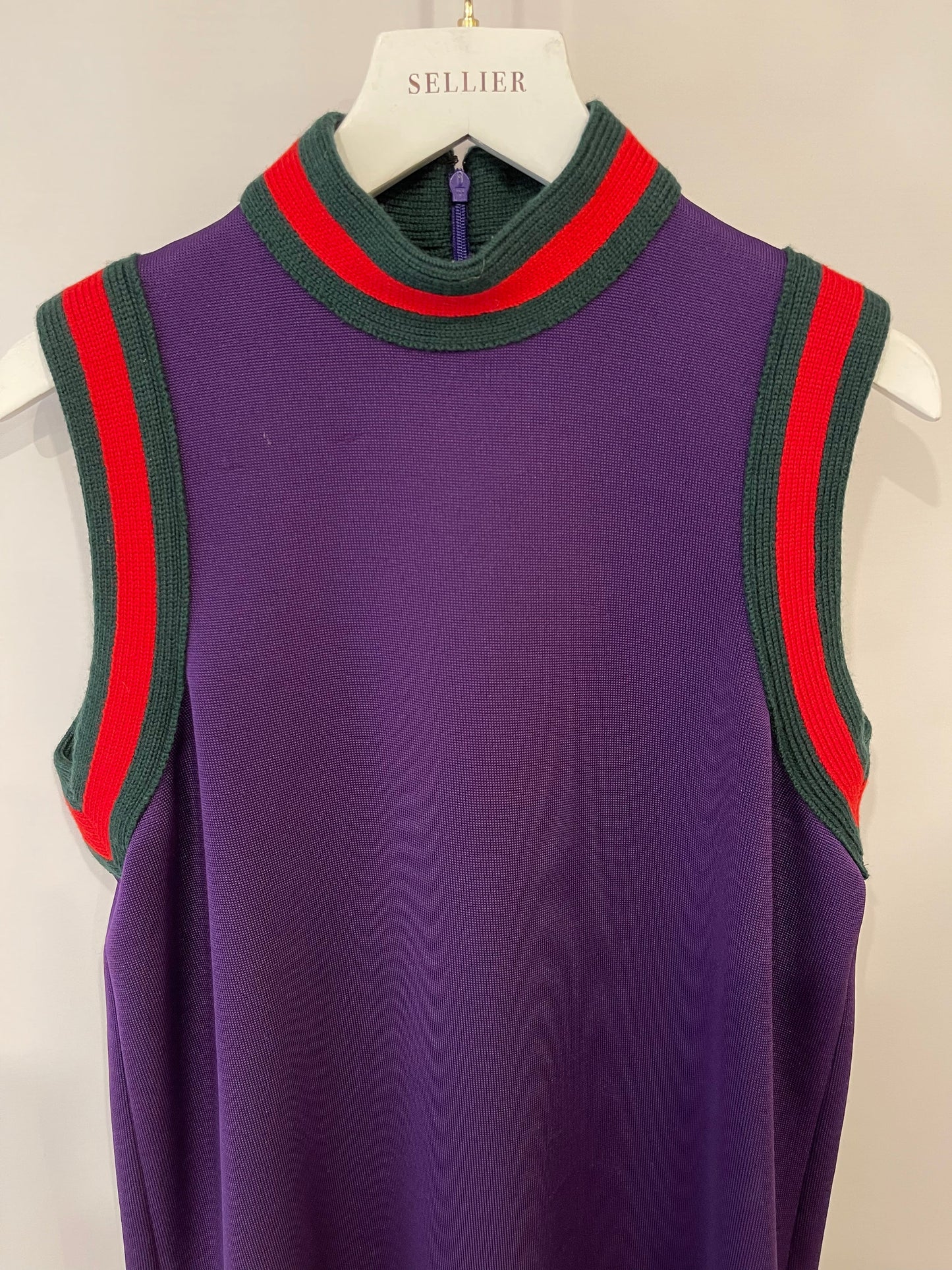 Luxury Gucci Purple Mini Sleeveless Dress with Green and Red Wool Trim Detail Size XS ( UK 6)