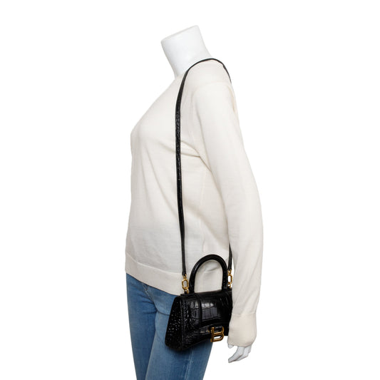 Balenciaga Black Croc-Embossed Leather XS Hourglass Top Handle Bag