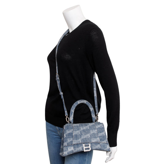Balenciaga Blue BB Monogram Denim Small Hourglass Top Handle Bag