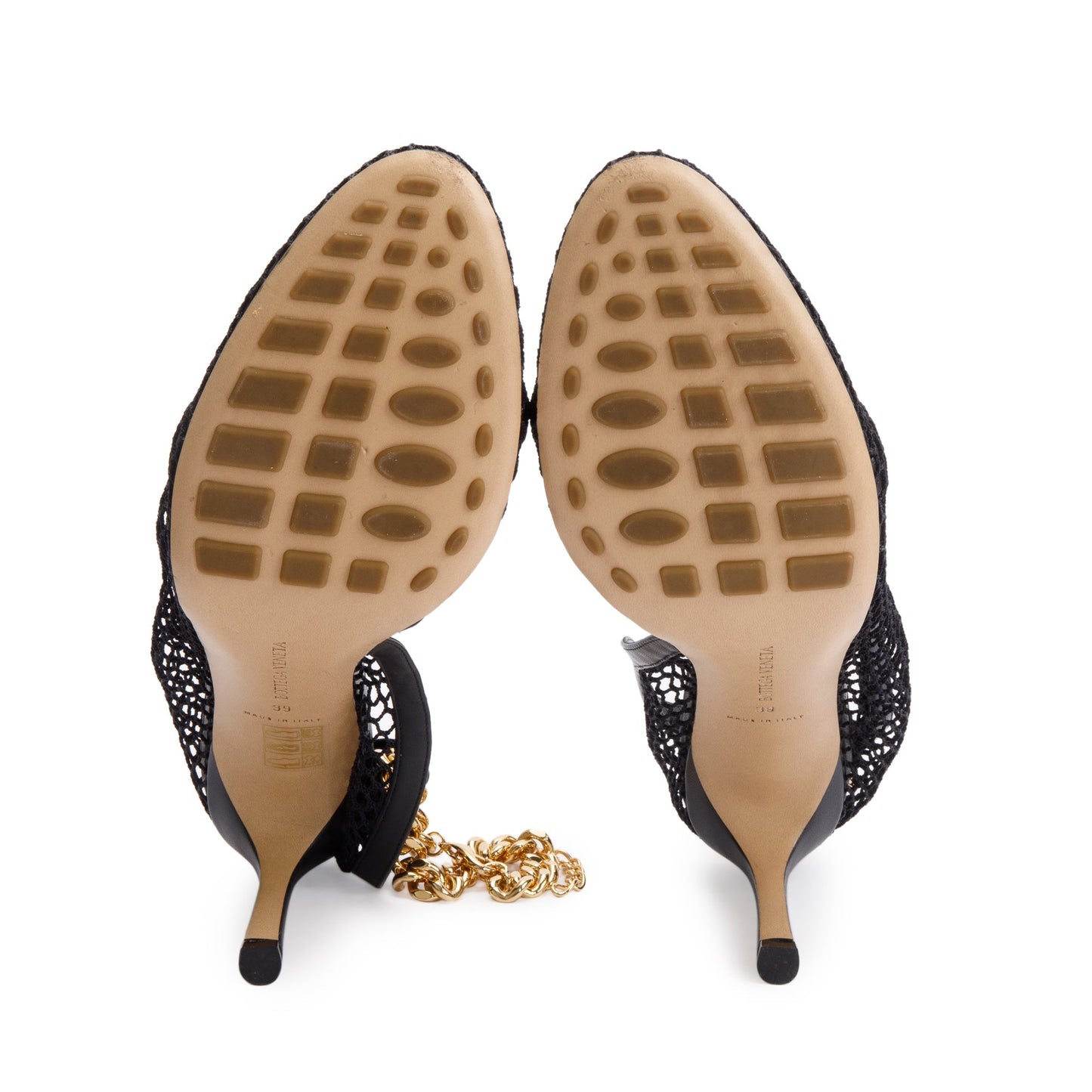 Bottega Veneta Black Leather Mesh Chain Accent Tex Sandal Pumps, Size 39