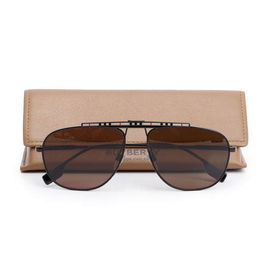 Burberry B 3121 Black & Check Metal Frame Aviator Sunglasses