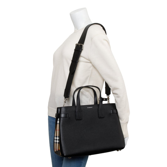 Burberry Black Calfskin Leather House Check Medium Banner Tote