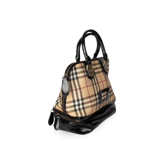 Burberry Nova Check Patent Leather-Trimmed Handle Bag