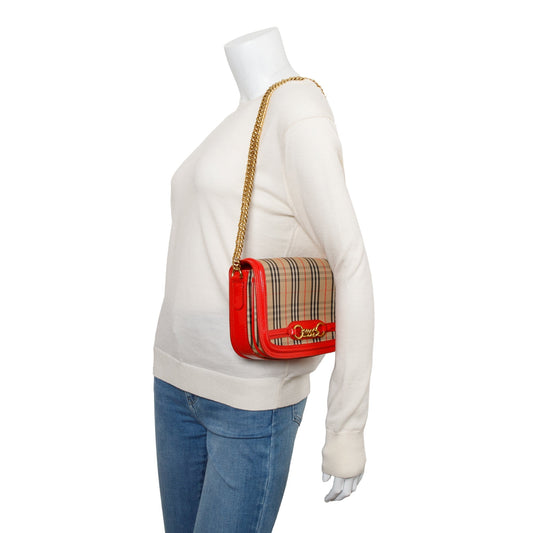 Burberry Vintage 1983 Knight Check Canvas Red Patent Leather Trinm Link Flap Shoulder Bag