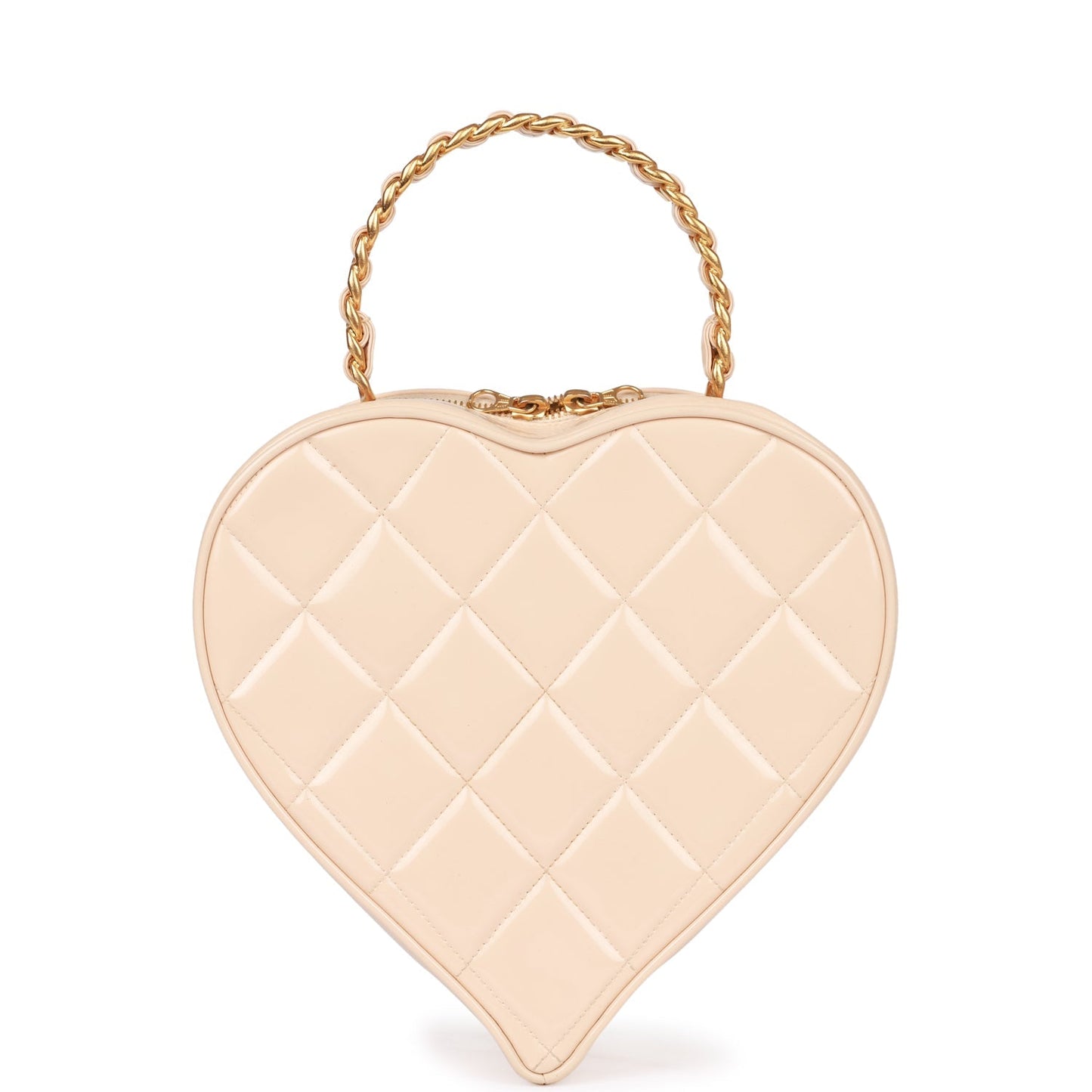 Vintage Luxury Chanel Heart Vanity Bag Beige and Black Patent Antique Gold Hardware