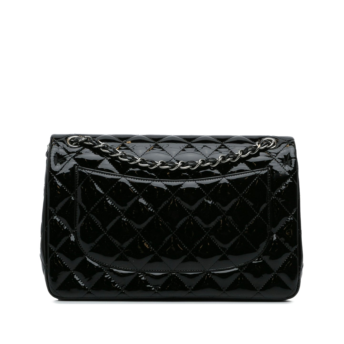 Luxury Chanel Classic Double Flap Jumbo Black Patent Leather Silver
