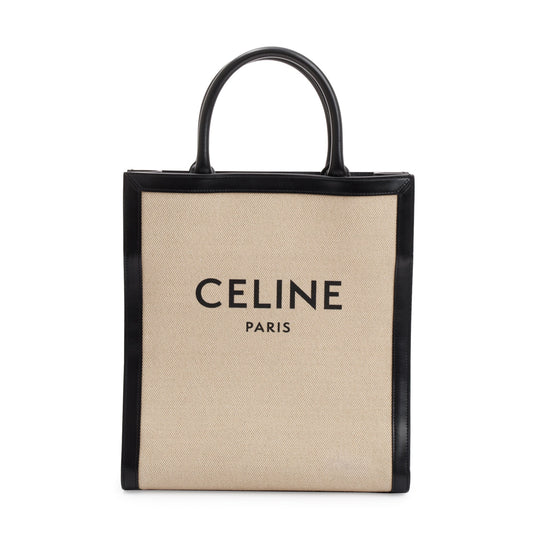 Celine 2021 Small Beige Canvas Black Calfskin Logo Vertical Cabas Tote