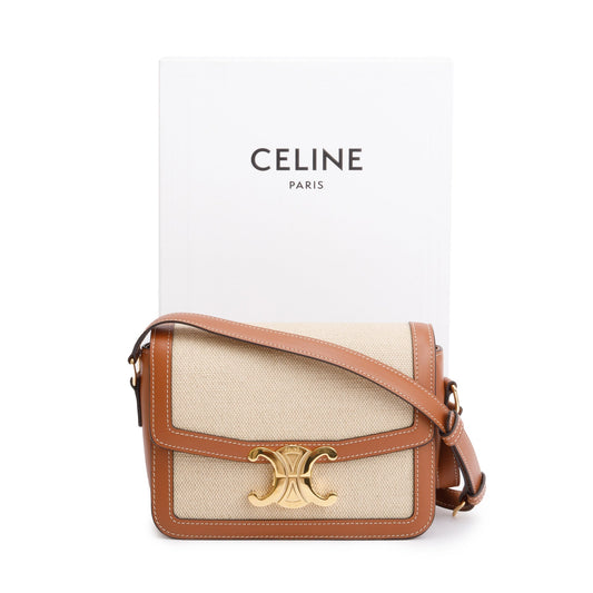 Celine 2023 Natural Canvas Tan Calfskin Leather Teen Triomphe Shoulder Bag