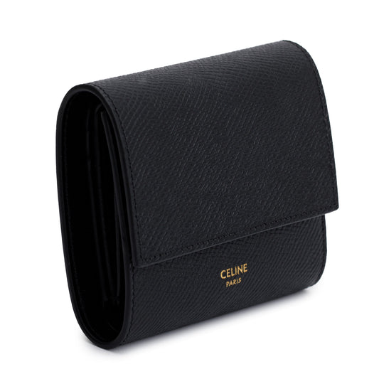 Celine Black Grained Calfskin Leather Small Flap Wallet