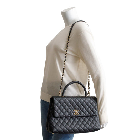 Chanel 2020 Black Quilted Caviar Leather Maxi Top Handle Flap Bag