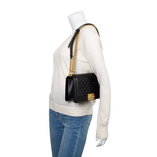Chanel 2020 Black Quilted Caviar Leather Medium Boy Bag