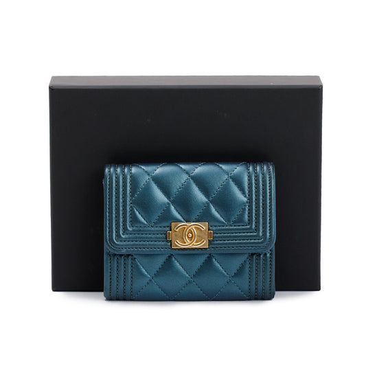 Chanel 2020 Blue Metallic Lambskin Boy Flap Card Holder