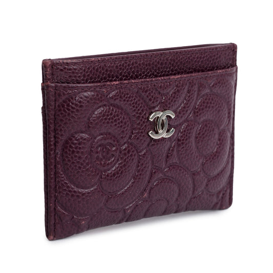Chanel 2020 Burgundy Camellia Embossed Caviar Leather Classic Card Holder