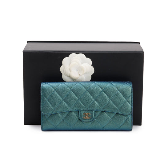 Chanel 2021 Green Iridescent Caviar Leather Classic Long Flap Wallet