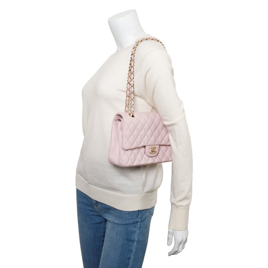 Chanel 2021 Pink Caviar Leather Medium Classic Double Classic Flap Bag