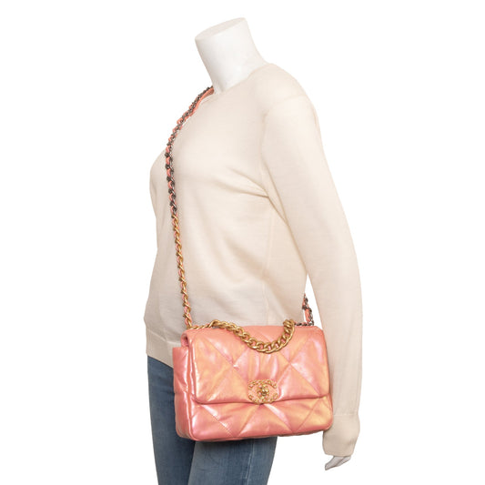 Chanel 2021 Pink Iridescent Lambskin Leather Medium 19 Flap Bag