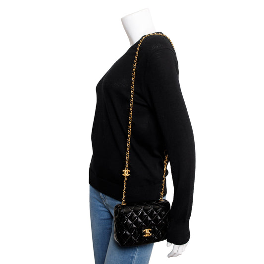 Chanel 2022 Black Quilted Patent Leather Coco De Toi Heart Square Mini Flap Bag