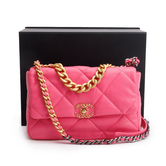 Chanel 2022 Pink Lambskin Leather Large 19 Flap Bag