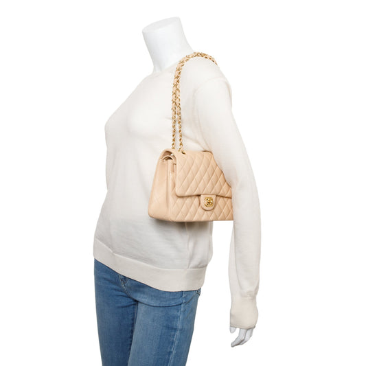 Chanel 2023 Beige Lambskin Leather Medium Classic Double Classic Flap Bag