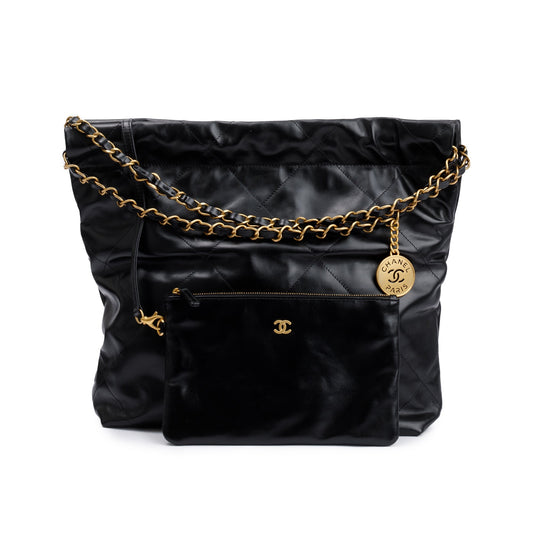 Chanel 2023 Black Shiny Calfskin Leather Small Chanel 22 Hobo