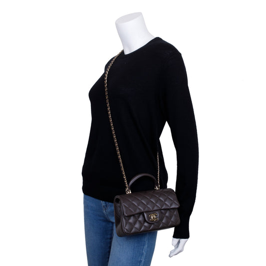 Chanel 2023 Brown Quilted Lambskin Leather Mini Top Handle Rectangular Flap Bag