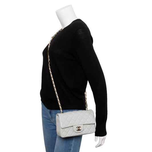 Chanel 2023 Light Grey Quilted Lambskin Leather Mini Classic Flap Handbag