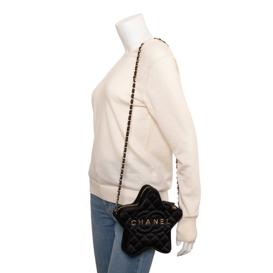 Chanel 2024 Black Satin Walk Of Fame Star Crossbody Bag