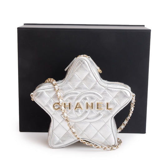 Chanel 2024 Metallic Silver Leather Walk Of Fame Star Crossbody Bag