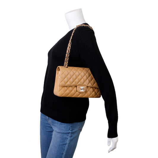 Chanel Beige Caviar Leather Classic Medium Double Flap Bag