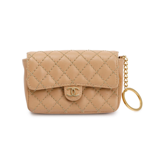 Chanel Beige Quilted Lambskin Leather Mini Flap Key Ring Bag Charm