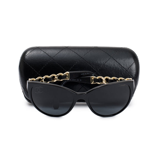 Chanel Black 5215-Q Interlocking CC Leather & Chain Link Sunglasses