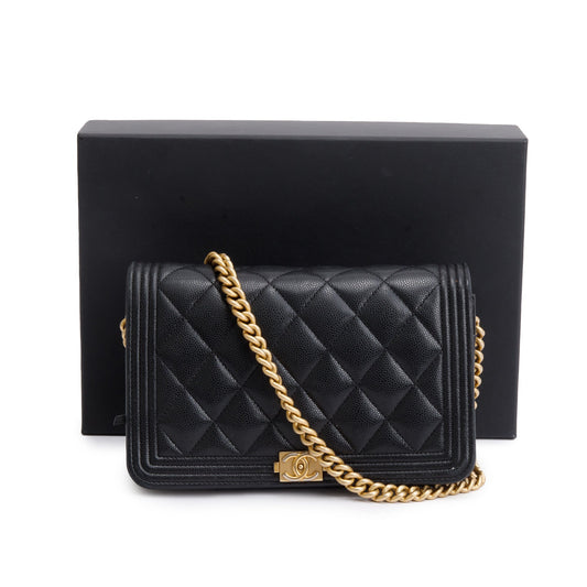 Chanel Black Caviar Leather Boy Wallet on Chain