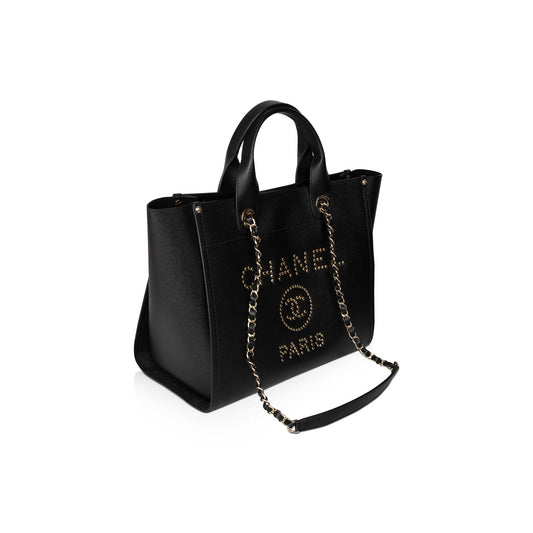 Chanel Black Caviar Leather Medium Studded Deauville Tote