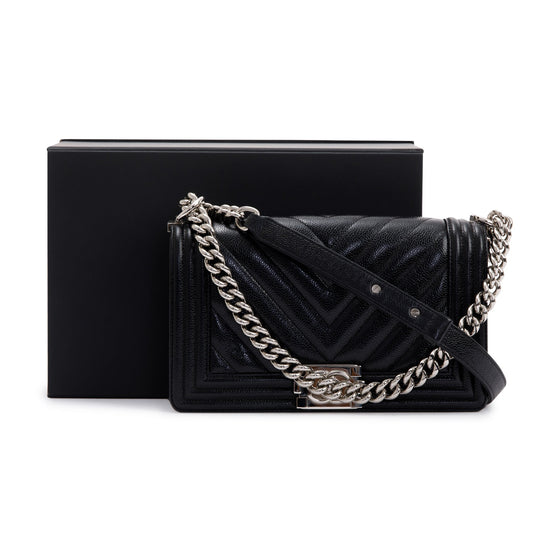 Chanel Black Chevron Caviar Medium Boy Bag