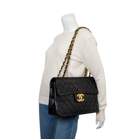Chanel Black Lambskin Leather Vintage Jumbo XL Single Flap Bag