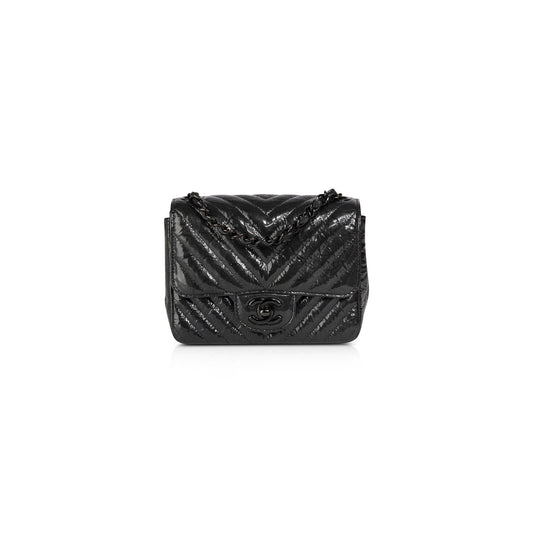Chanel Black Patent Chevron Classic Mini Square Flap Bag