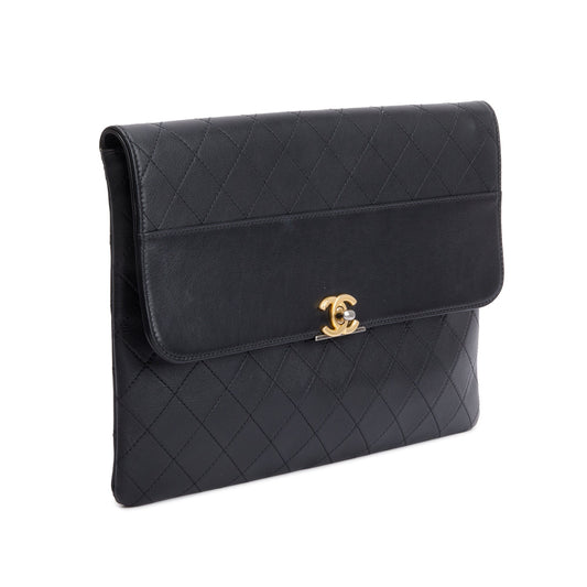 Chanel Black Quilted Calfskin Leather CC Clutch